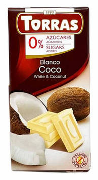 Шоколад Torras білий з кокосом без цукру 75 г №529