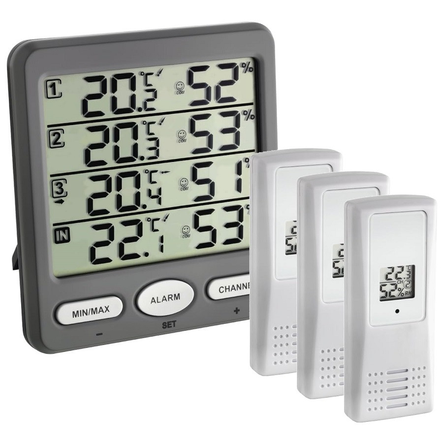 Цифровий термогігрометр TFA Klima-Monitor 30.3054.10 | Три зовнішні бездротові датчики| Температура, Вологість