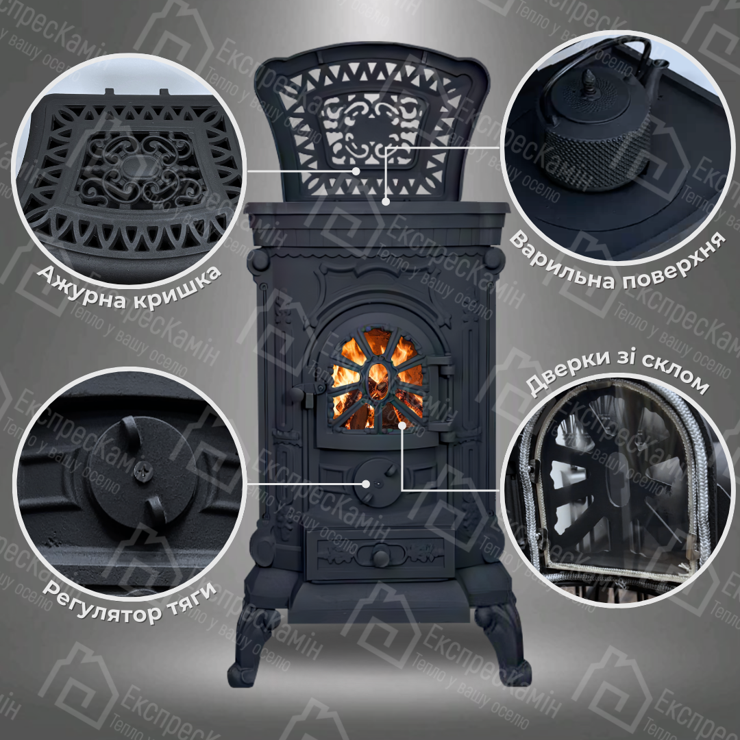 Чавунна піч камін буржуйка Eurokom Ingrid 9 КВт подвійна стінка піч буржуйка з варильної поверхнею