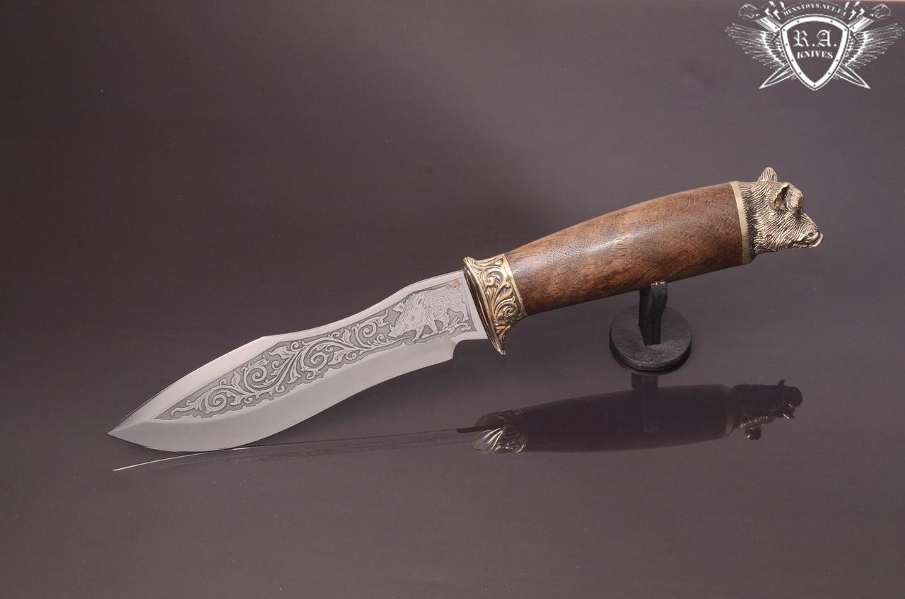 Ніж ручної роботи «Кабан темний» 155х40х2.4мм з інструментальної сталі та руків'ям з горіха, фото 1