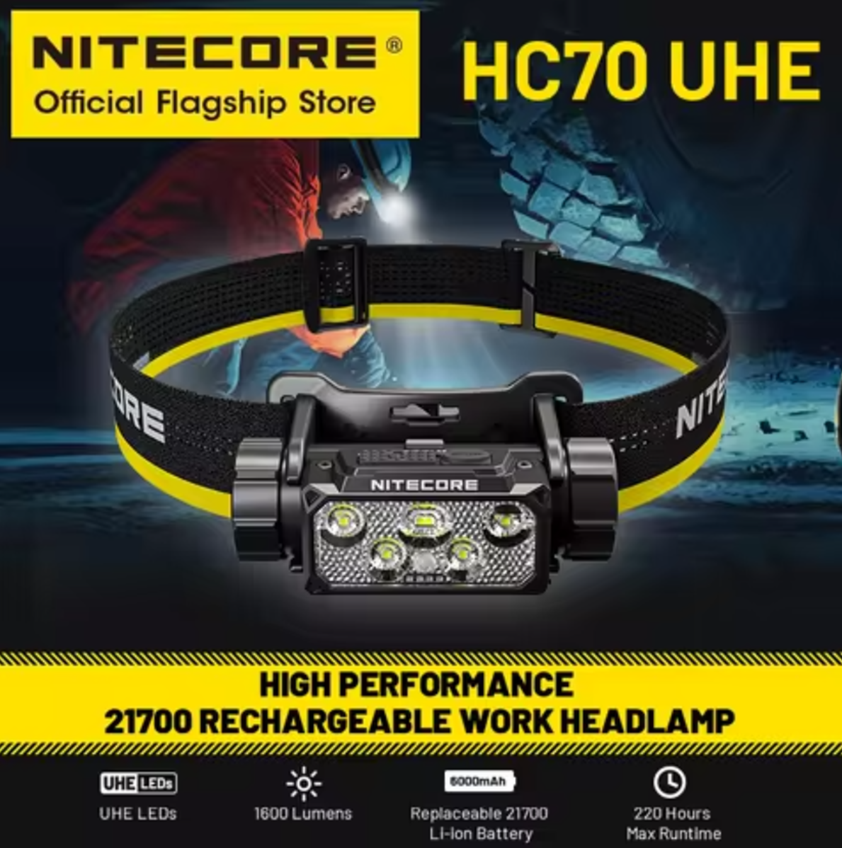 Налобний ліхтар Nitecore HC70 UHE + КЕЙС (1600LM, UHE LED, USB-C, Акумулятор 6000mAh 21700, RED Light)