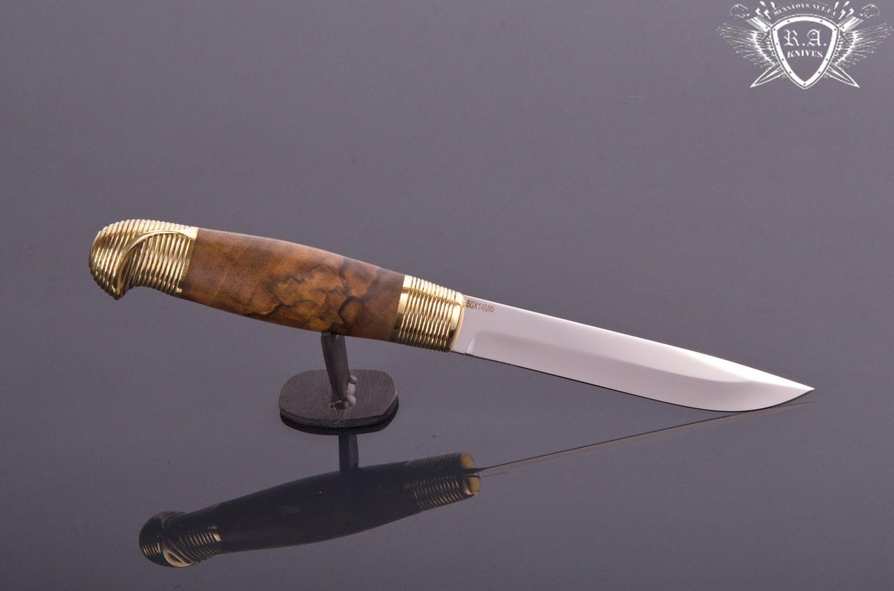 Ніж ручної роботи «Фінка Пуукко» 130х21х2.3мм з інструментальної сталі та руків'ям з горіха, фото 1