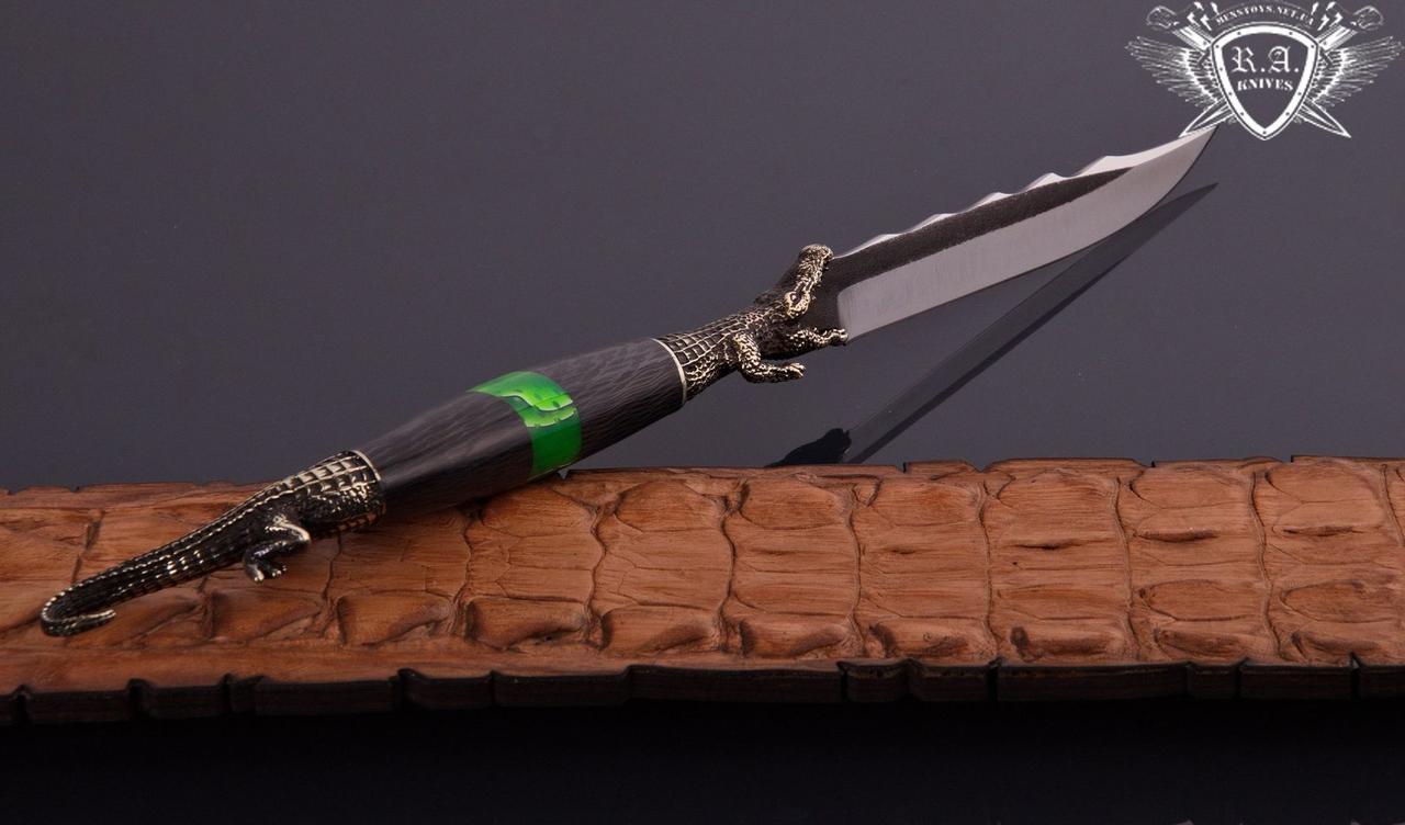 Ніж ручної роботи «Крокодил» 130х18х3мм з дамаської сталі та руків'ям із гібрида, фото 1