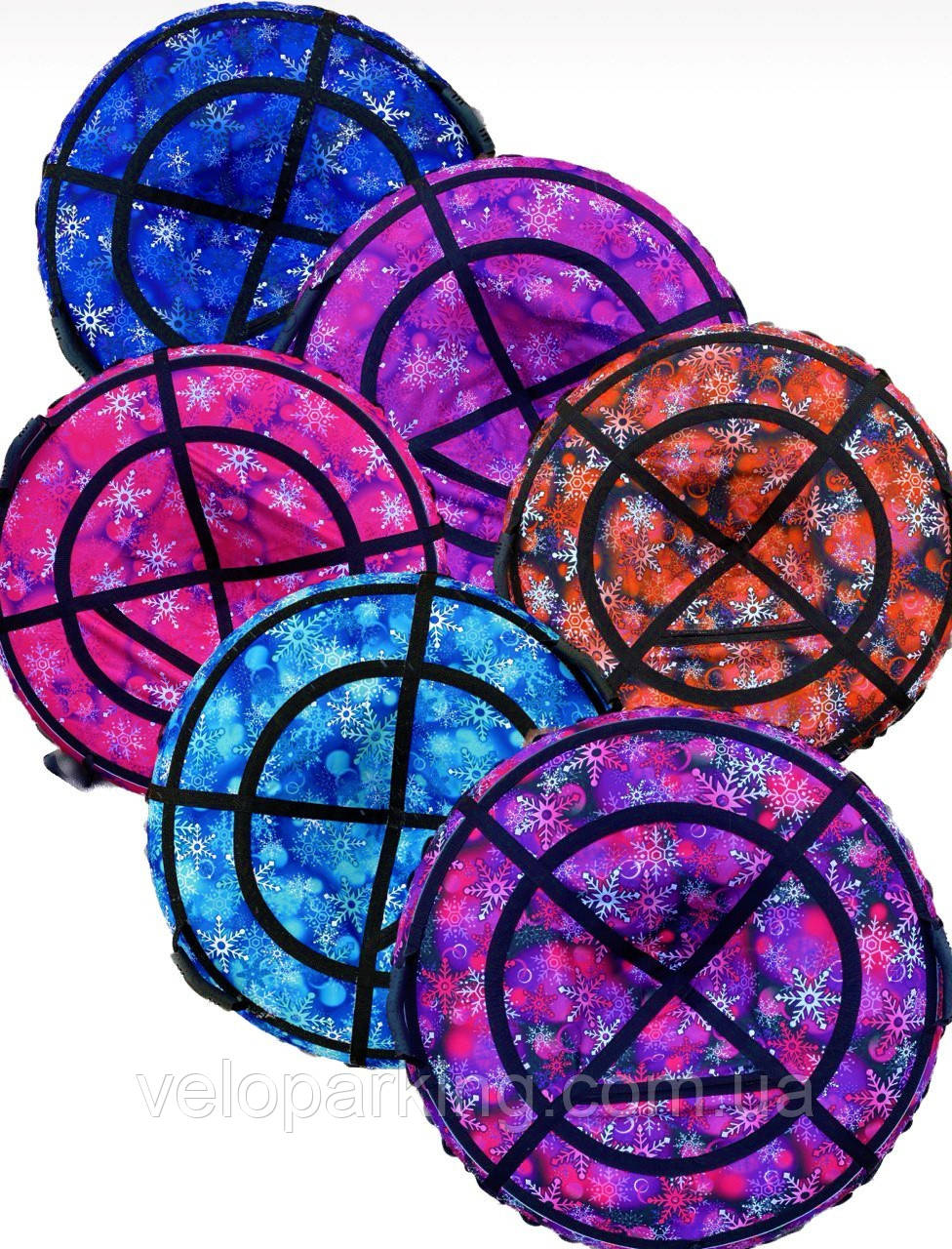 Тюбінг (варушка) 100 і 120 см, надувні санки дитячі для дівчинки Сніжинка, кораловий із камерою, крижаність пВХ