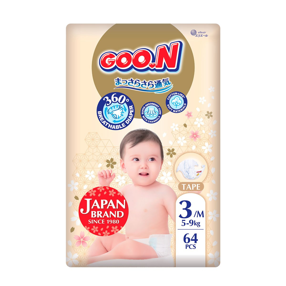 Підгузки GOO.N Premium Soft для дітей 5-9 кг (розмір 3 (M), на липучках, унісекс, 64 шт.)
