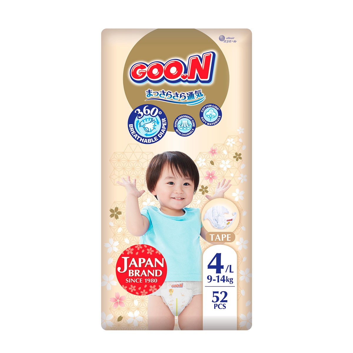 Підгузки GOO.N Premium Soft для дітей 9-14 кг (розмір 4 (L), на липучках, унісекс, 52 шт.)