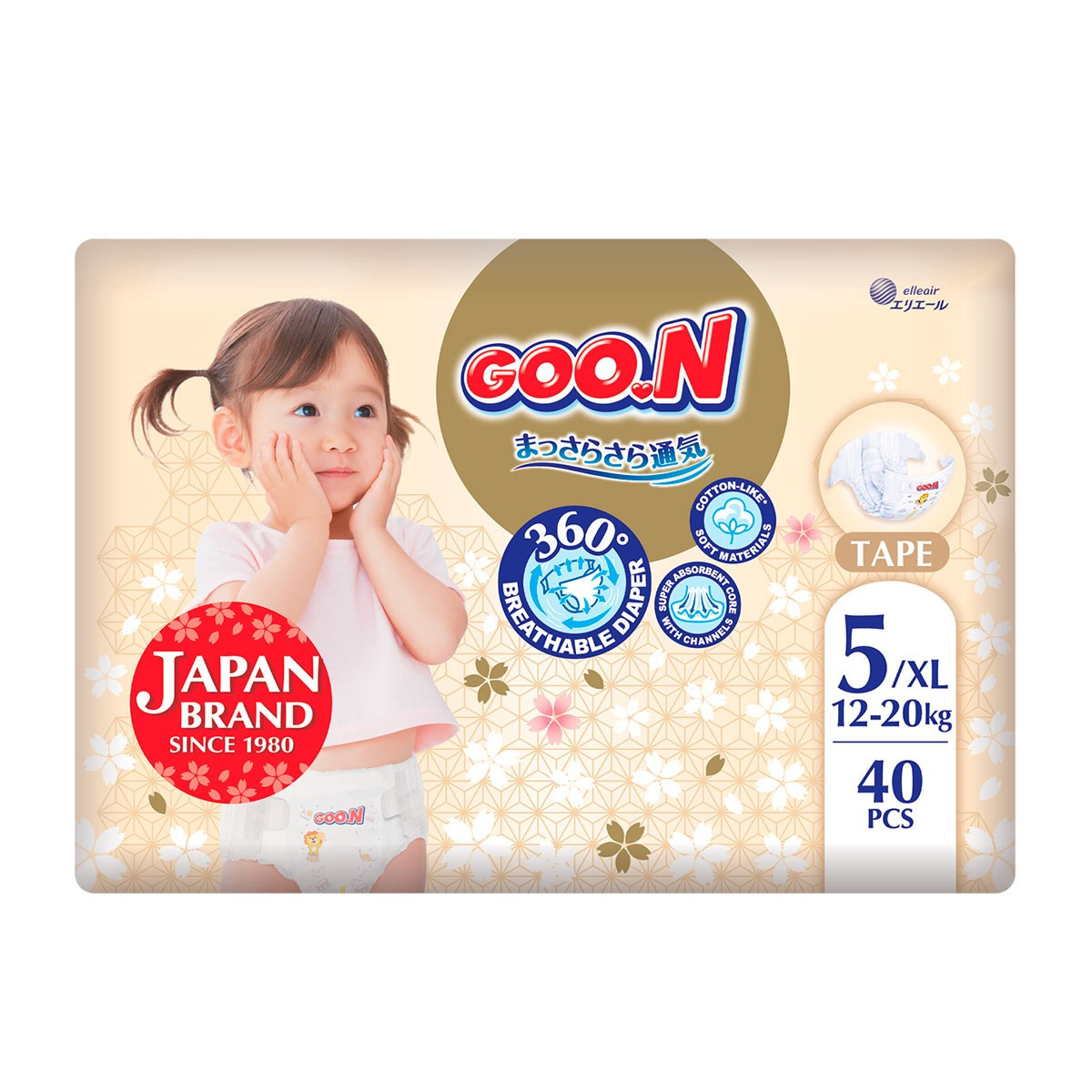 Підгузки GOO.N Premium Soft для дітей 12-20 кг (розмір 5 (XL), на липучках, унісекс, 40 шт.)