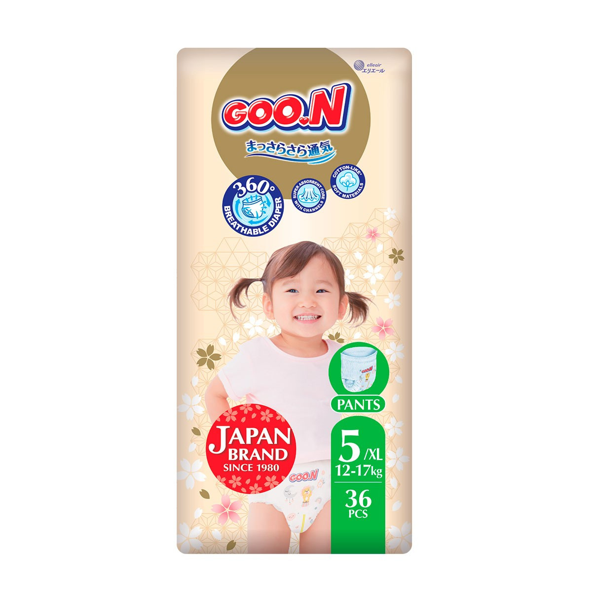 Трусики-підгузки GOO.N Premium Soft для дітей 12-17 кг (розмір 5(XL), унісекс, 36 шт.)