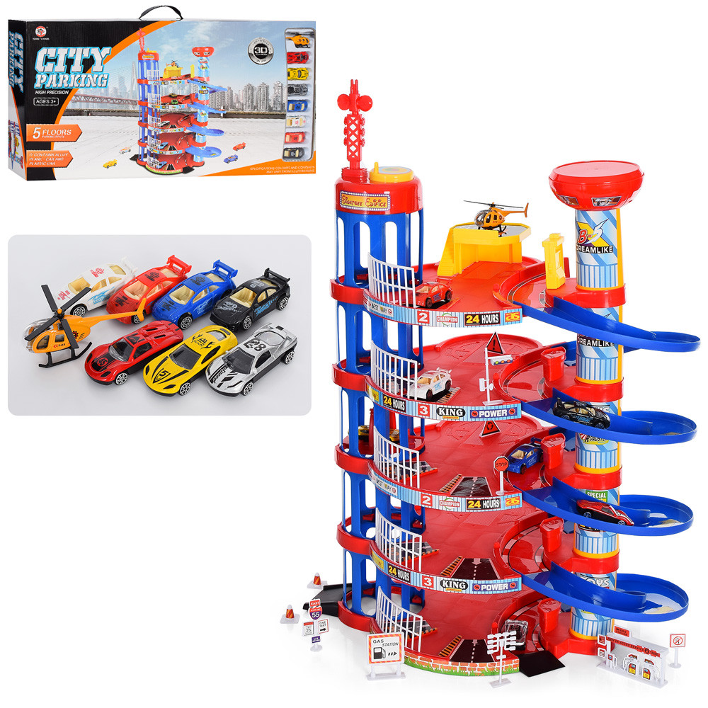 Гараж 0908-56B 5 поверхів, транспорт 8шт. (4-мет.), дорож.знаки, рухомі.дет., Кор., 73-39-11,5см., фото 1