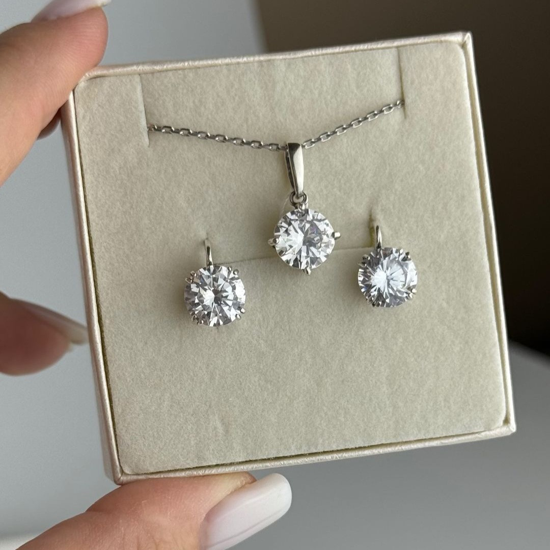 Срібний набір з великим фіанітом 9 мм Білий Сережки Кулон Ланцюжок, фото 1