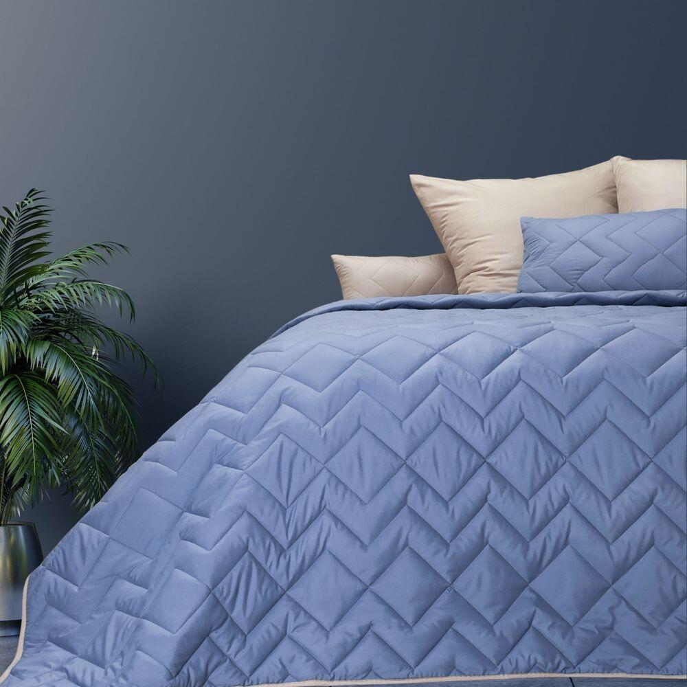 Покривало 240х260 см IDEIA стьобане двостороннє якісна стібка мікрофібра джинс беж на ліжко, диван, фото 1