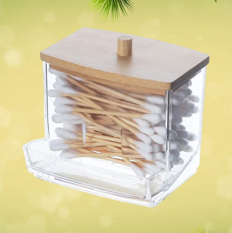 Диспенсер для ватних паличок з бамбуковою кришкою - прозора банка-органайзер для ватних паличок і дисків, фото 1