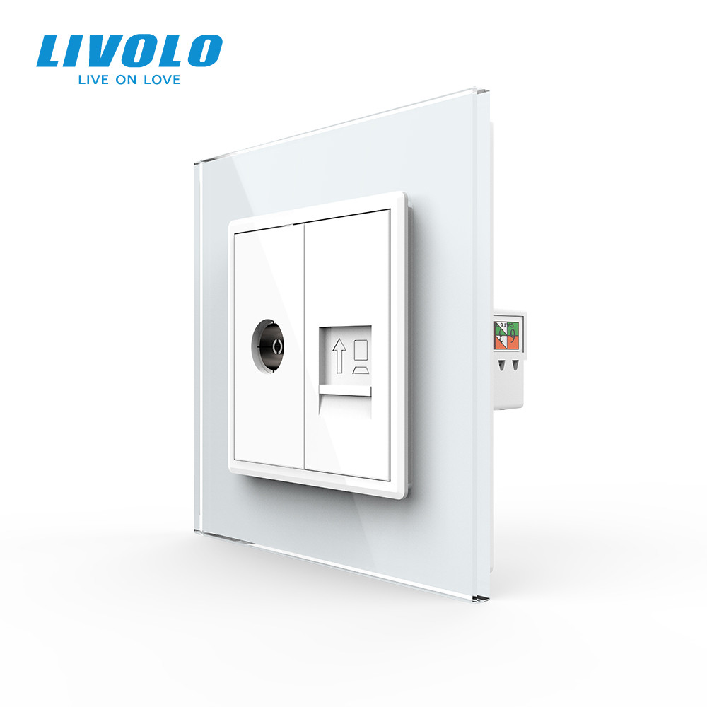 Розетка комп'ютерна RJ-45 і ТБ розетка Livolo білий скло (VL-C791VC-11)