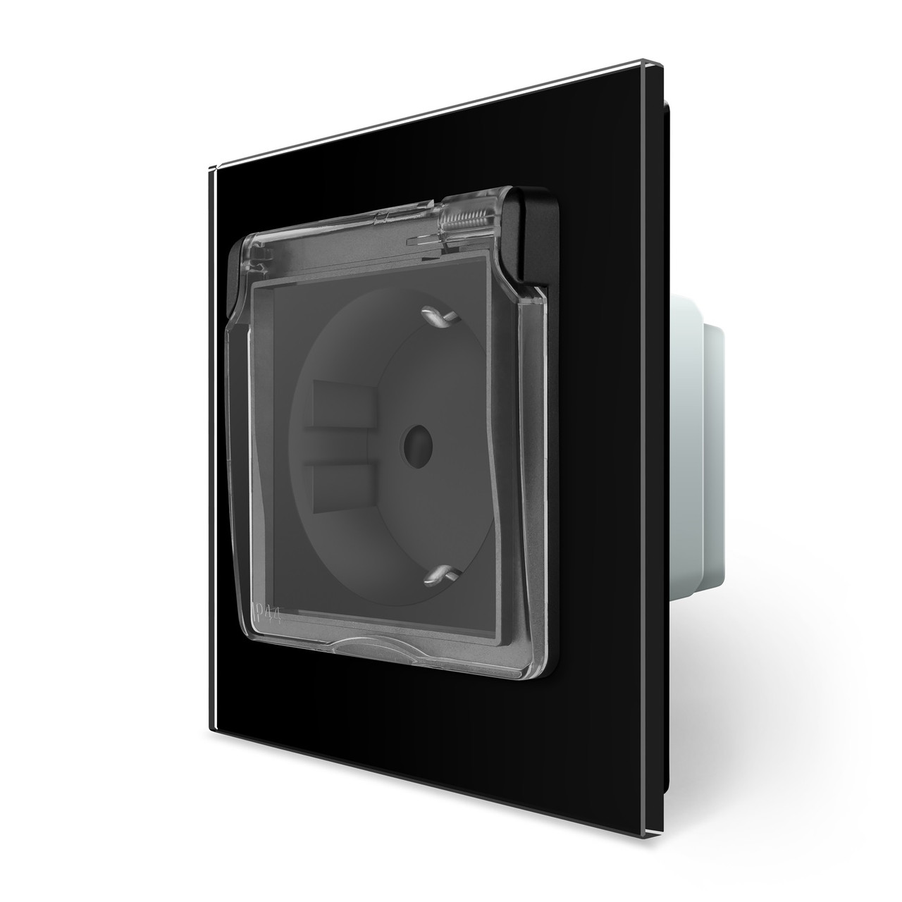 Електрична розетка вологозахисна з кришкою IP44 з заземленням, LIVOLO, чорна, скляна рамка, шторки, 250В 16А (VL-C7C1EUWF-12), фото 1