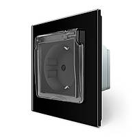 Електрична розетка вологозахисна з кришкою IP44 з заземленням, LIVOLO, чорна, скляна рамка, шторки, 250В 16А (VL-C7C1EUWF-12)