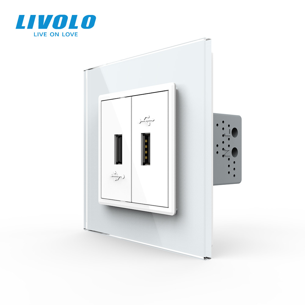 Розетка подвійна USB з блоком живлення Livolo білий скло (VL-C792U-11), фото 1