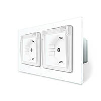 Подвійна електрична розетка вологозахисна з кришкою IP44 з заземленням, LIVOLO, біла, скляна рамка, шторки, 250В 16А