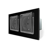 Подвійна електрична розетка вологозахисна з кришкою IP44 з заземленням, LIVOLO, біла, скляна рамка, шторки, 250В 16А Чорний