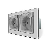 Подвійна електрична розетка вологозахисна з кришкою IP44 з заземленням, LIVOLO, біла, скляна рамка, шторки, 250В 16А Сірий