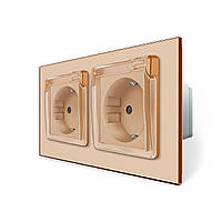 Подвійна електрична розетка вологозахисна з кришкою IP44 з заземленням, LIVOLO, біла, скляна рамка, шторки, 250В 16А Золотий