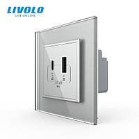 Розетка USB-A та USB-C з Power Delivery 36W Livolo сірий скло (VL-C7FCUA18W.UC18W-2IP)