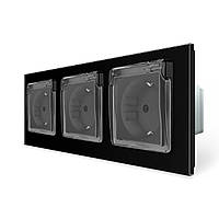 Потрійна електрична розетка вологозахисна з кришкою IP44 з заземленням, LIVOLO, біла, скляна рамка, шторки, 250В 16А Чорний