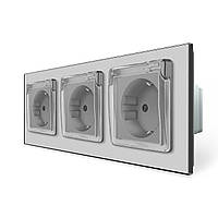 Потрійна електрична розетка вологозахисна з кришкою IP44 з заземленням, LIVOLO, біла, скляна рамка, шторки, 250В 16А Сірий