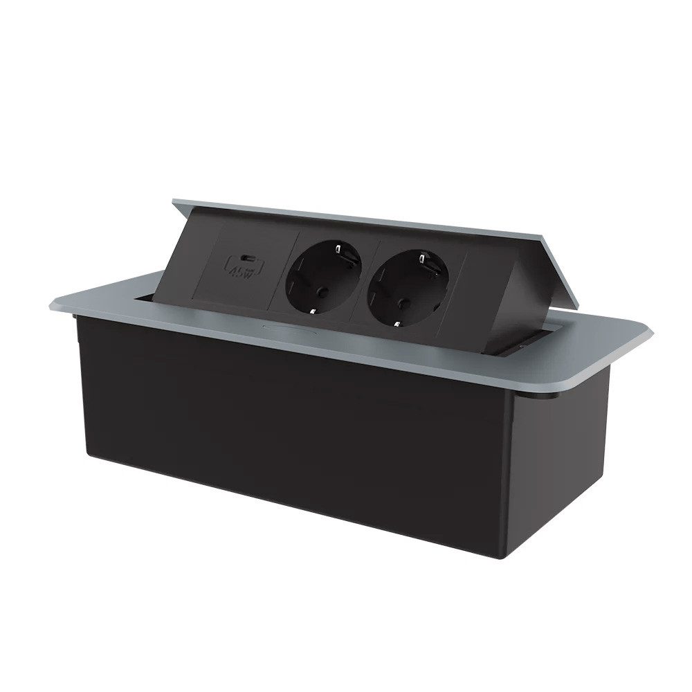 Меблева розетка з плавним відкриттям, USB Type-C Power Delivery 45W Livolo чорний в сірому (VL-SHS013-TC-UC45W-BP-G)