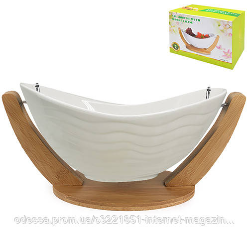 Фруктівниця порцеляна на бамбуковій підставці "White Classic" 14" (35*19*17см) Stenson (MC3652-14) [Склад зберігання: Одеса №3]
