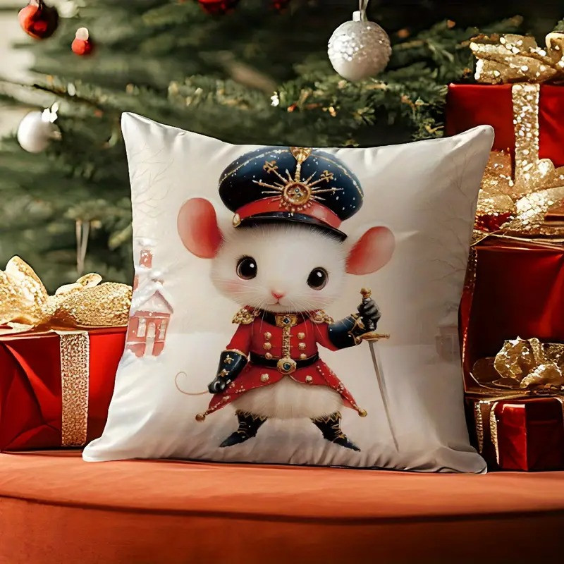 Наволочка новорічна Різдвяна Чохол на подушку Мишеня мушкетер 45х45 см, фото 1