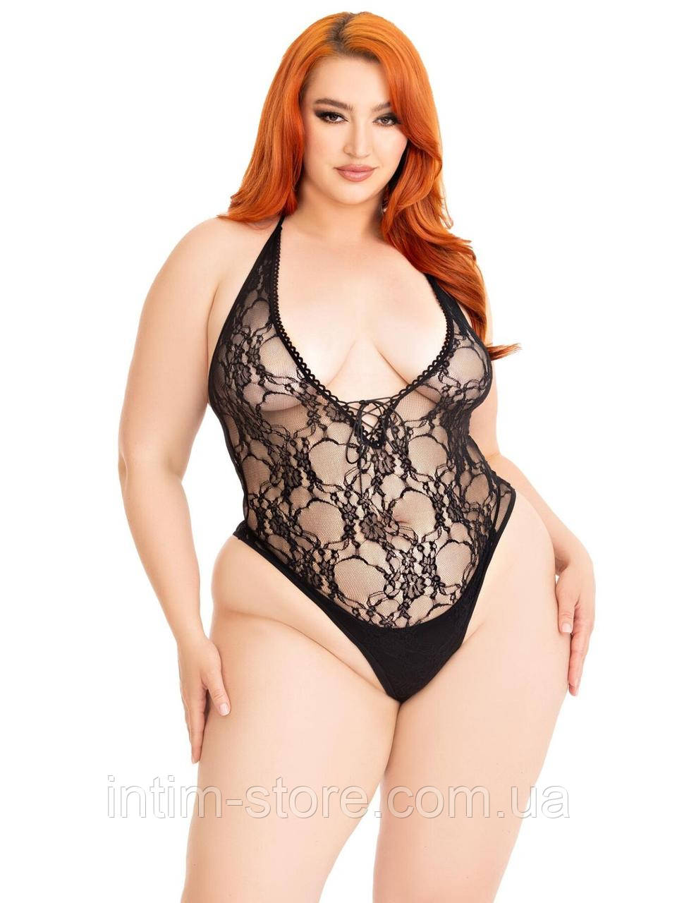 Боді Leg Avenue Floral lace deep-V teddy Black 1X/2X, фото 1