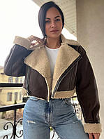 Дубленка женская Aftf Basic 2413 короткая косуха оверсайз на молнии с мехом экозамша коричневая, коричневый, M