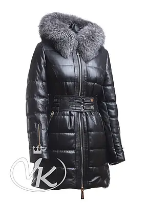 Пуховик жіночий зі шкіри VK з капюшоном довгий (Арт. AT202-2) 52