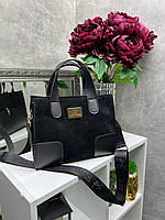 Сумка жіноча чорна середнього розміру сумочка класична натуральна замша+шкірзам