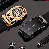 Чоловічий шкіряний ремінь автомат із двома пряжками. Чоловічий подарунковий набір у коробці (чорний), фото 4