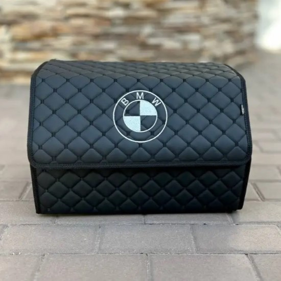 Органайзер у багажник з білою вишивкою BMW, чорний, 50 см, автомобільний органайзер в авто, фото 1