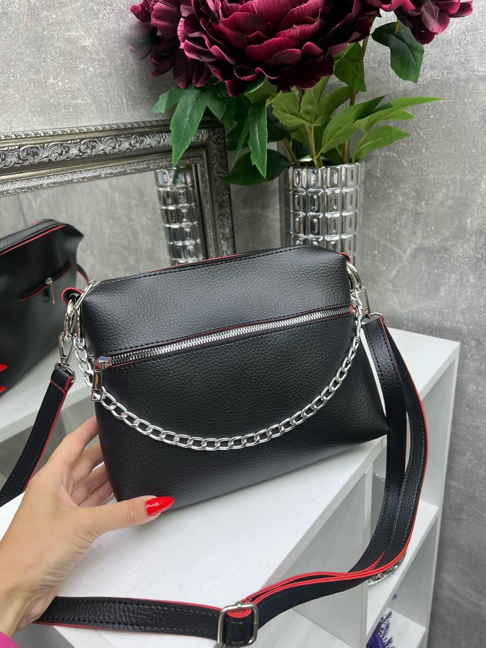 Жіноча сумка через плече на 2 відділення невелика чорна з червоним шкірзам, фото 1