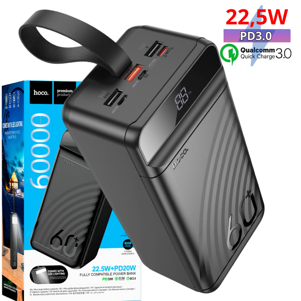 Power Bank з великою ємністю 60000 mAh зі швидкою зарядкою 22.5W QC 3.0 PD Потужніший Повербанк з ліхтариком Hoco