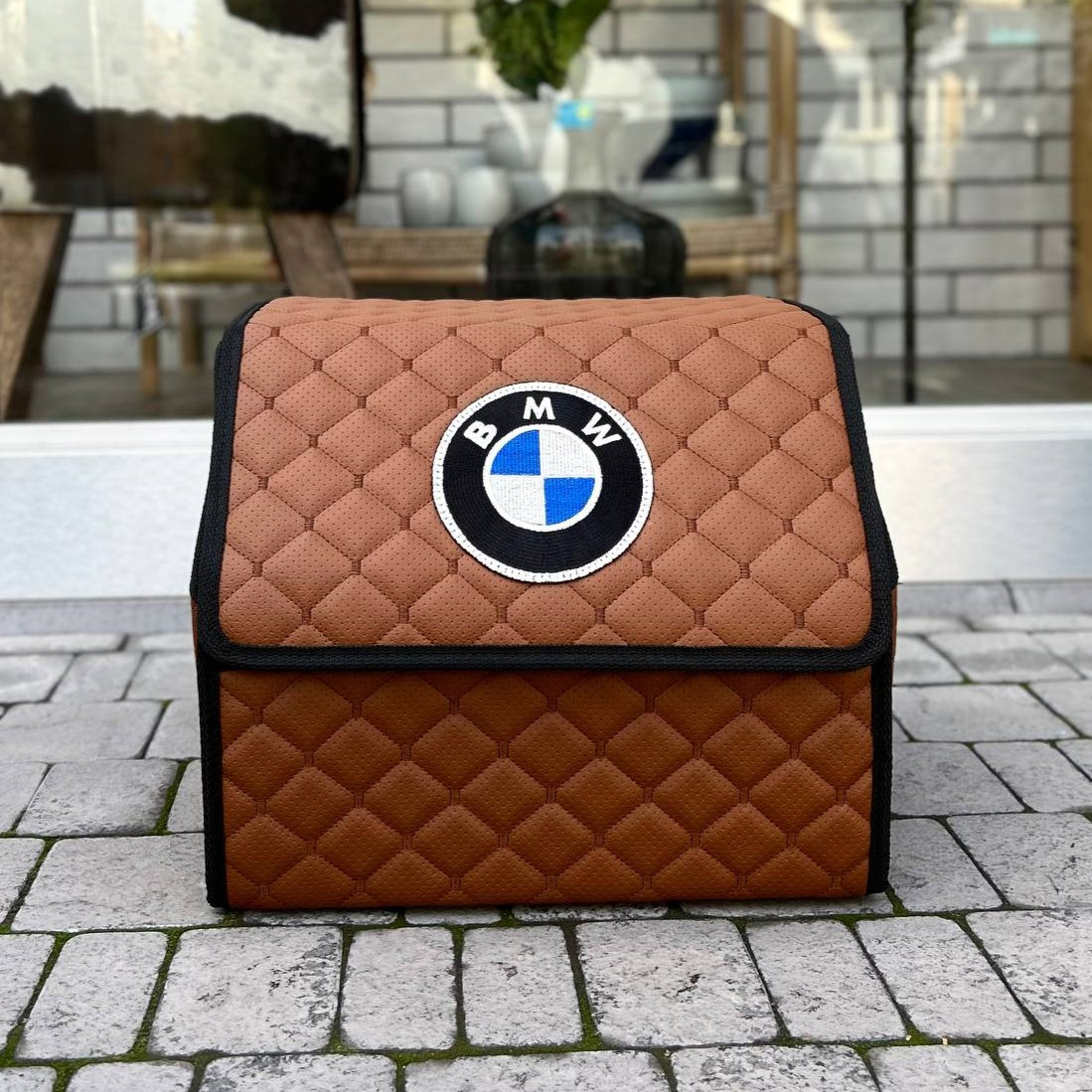Органайзер у багажник з вишивкою BMW, коньячний, 35 см, автомобільний органайзер в авто, фото 1