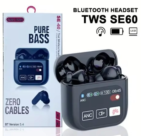 Безпровідні навушники Pure Bass SE60 з інтелектуальним дисплеєм на кейсі |ANC+ENC| Чорний