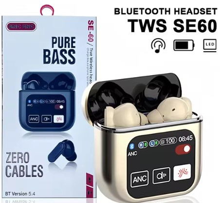 Безпровідні навушники Pure Bass SE60 з інтелектуальним дисплеєм на кейсі |ANC+ENC| Золотисті, фото 1