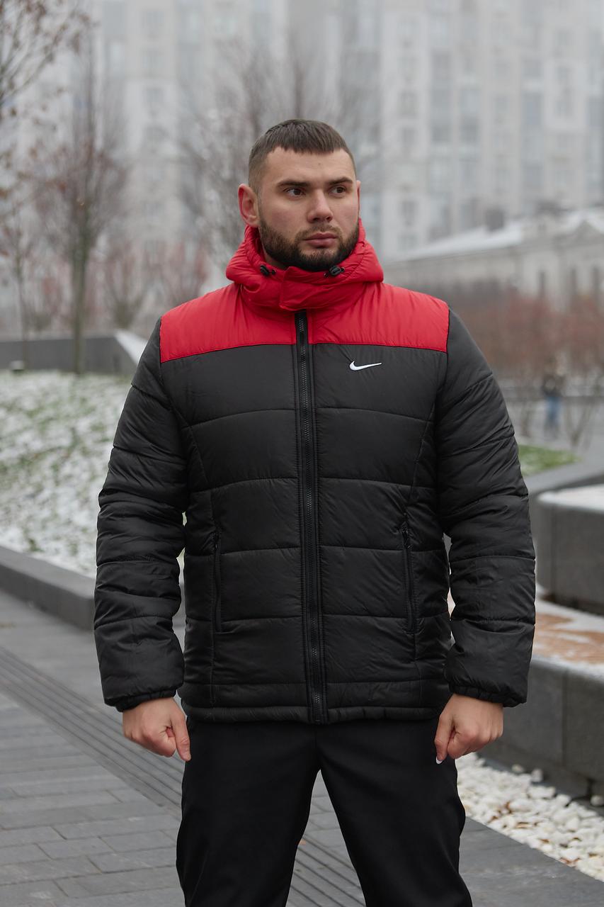Чоловіча зимова куртка Nike чорна з червоним до -25*С тепла Пуховик з капюшоном Найк, фото 1