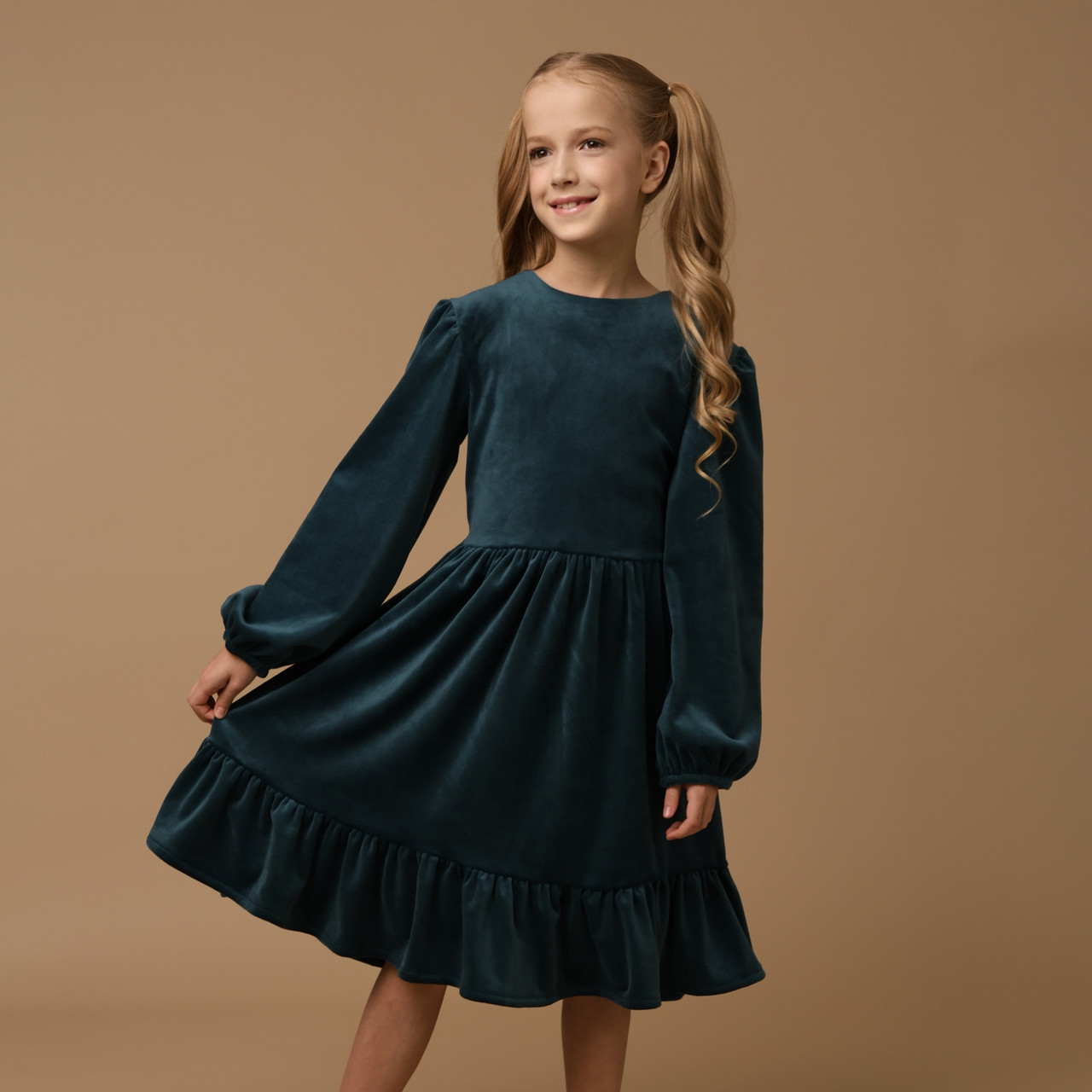 Дитяча святкова сукня з велюру темно зелена, для дівчинки, фото 1