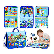 Ігровий бізіборд-сортер Веселі Акули для дітей у вигляді сумочки Блакитний | методика Монтессорі для навчання та розвитку