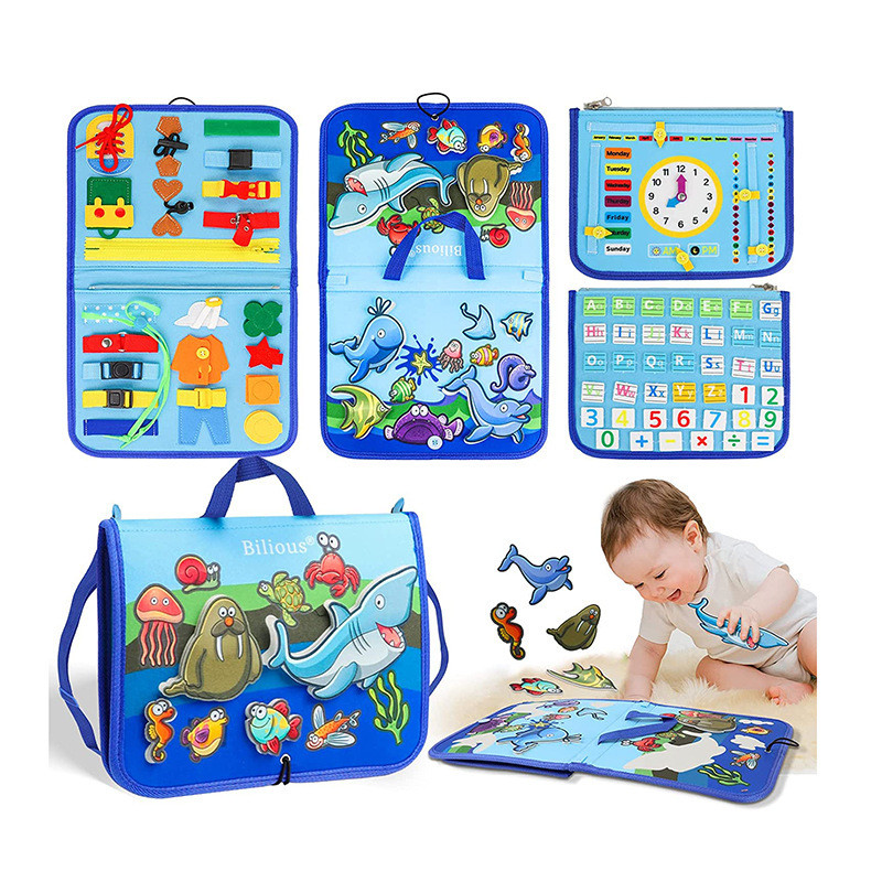 Ігровий бізіборд-сортер Веселі Акули для дітей у вигляді сумочки Блакитний | методика Монтессорі для навчання та розвитку