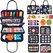 Ігровий бізіборд-сортер Динозаври та Друзі для дітей у вигляді сумочки Темно Синій | методика Монтессорі для навчання та розвитку