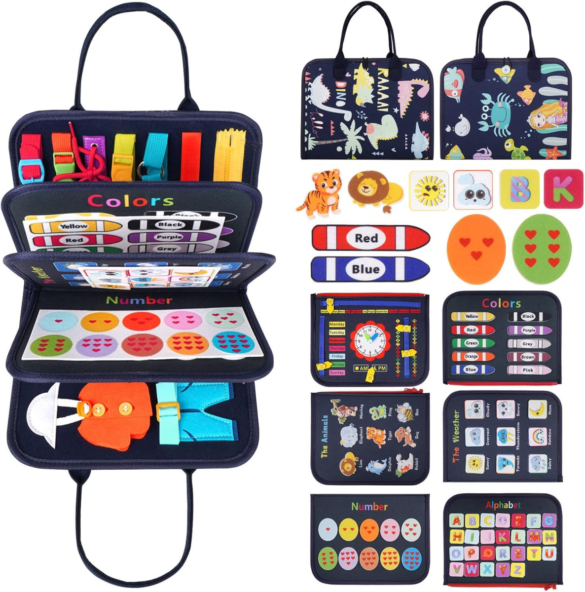 Ігровий бізіборд-сортер Динозаври та Друзі для дітей у вигляді сумочки Темно Синій | методика Монтессорі для навчання та розвитку