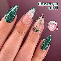 Новорічні накладні нігті 24 шт. + клейові стики для нігтів, форма-мигдаль  для манікюру