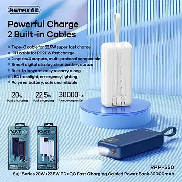 REMAX Suji Series PD 20W+QC 22.5W Fast Charging Cabled Power Bank 30000mAh RPP-550 Blak