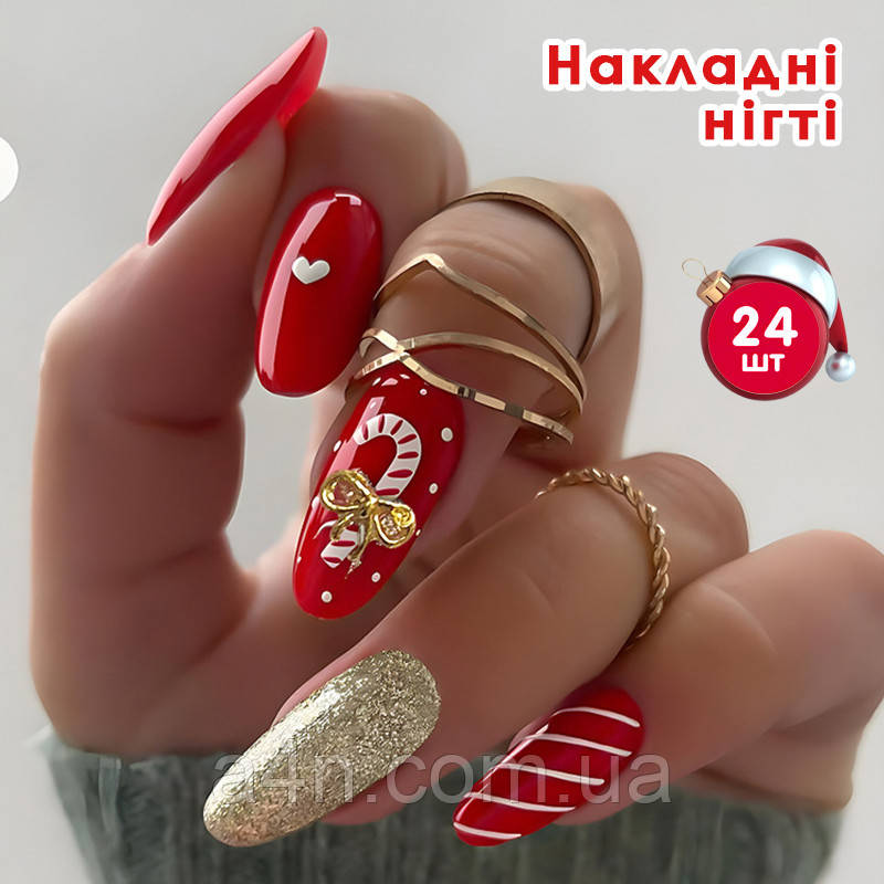 Новорічні накладні нігті 24 шт. + клейові стики для нігтів, форма-овал для манікюру
